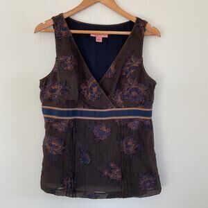 Bandolino Goth Y2K Witchy Grunge Babydoll Top 12 Brown Blue floral embroidered